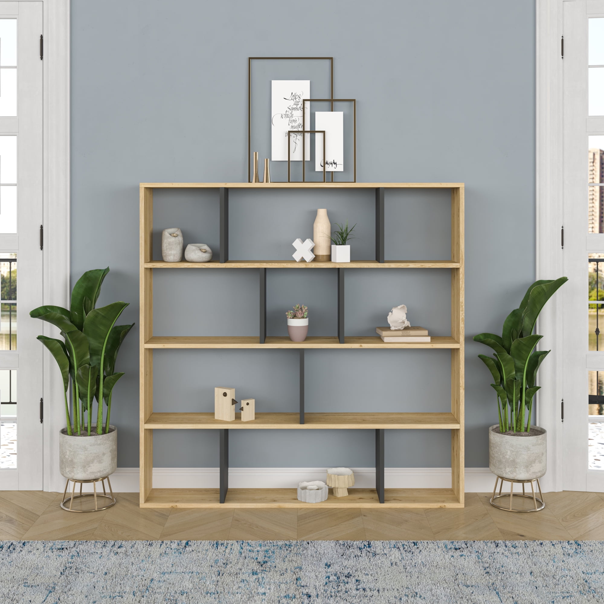Ada Home Decor Hobdi 4 Tier Open Shelf Cube Modern Bookcase, Oak/Anthracite