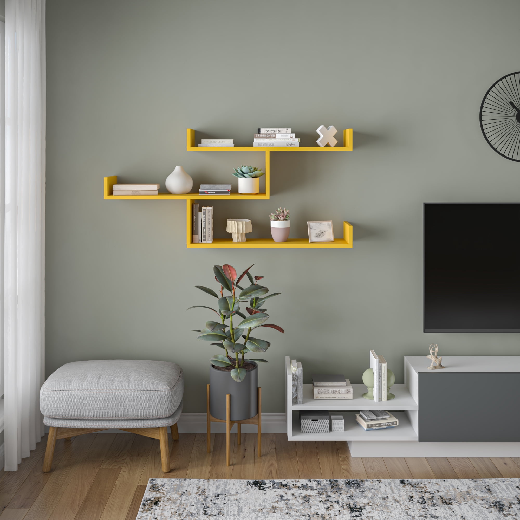 Ada Home Decor Furniture 47" 3 Tier Mustard Wilton Modern Wall Shelf