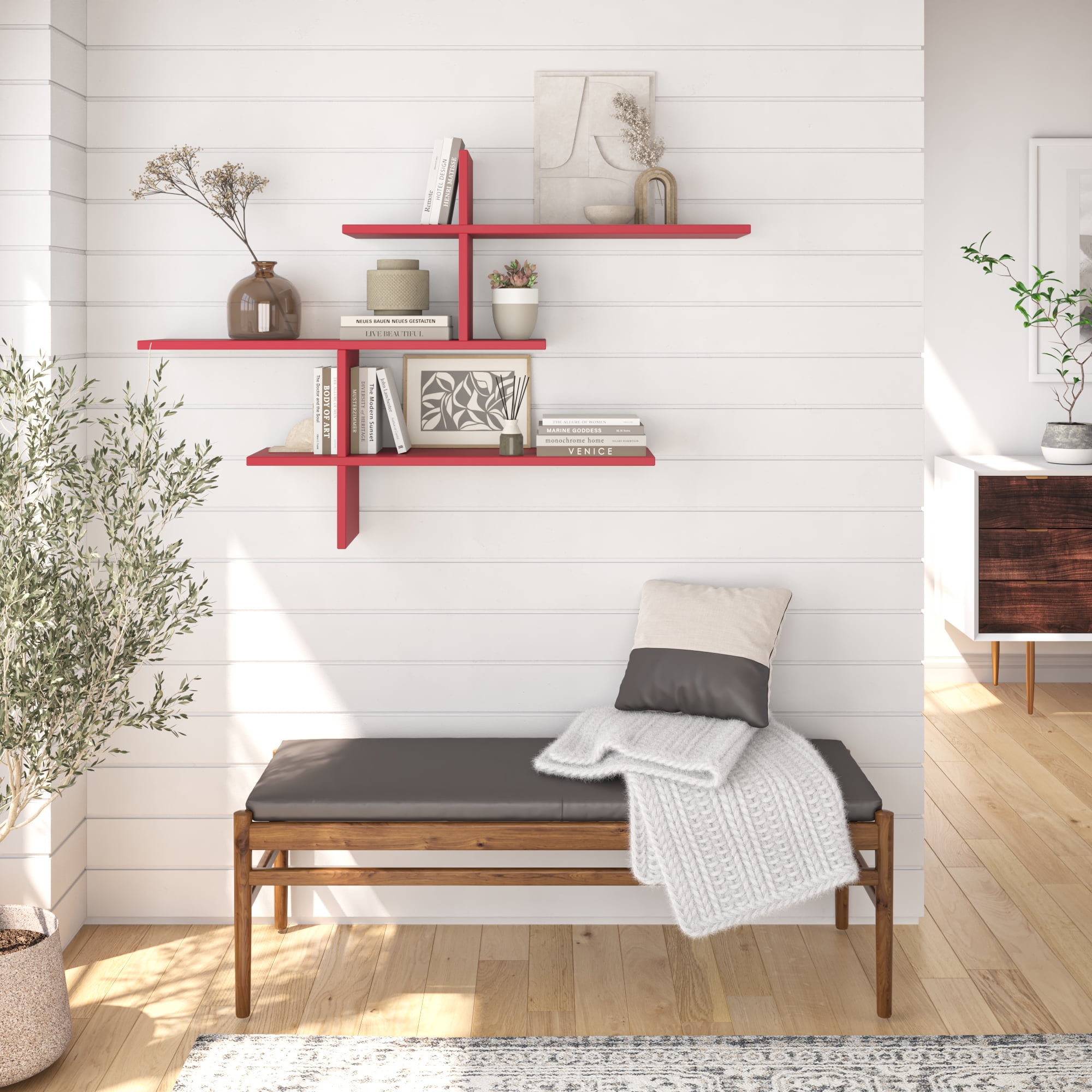 Ada Home Decor Furniture 48.5" 3 Tier Burgundy Webster Modern Wall Shelf
