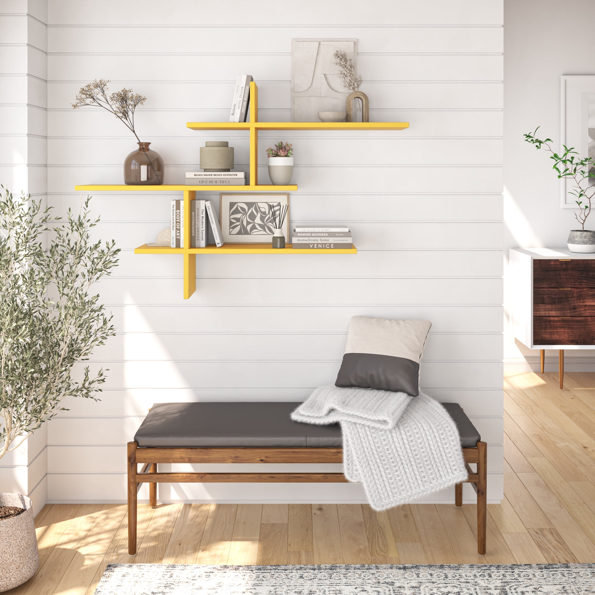 Ada Home Decor Furniture 48.5" 3 Tier Mustard Webster Modern Wall Shelf