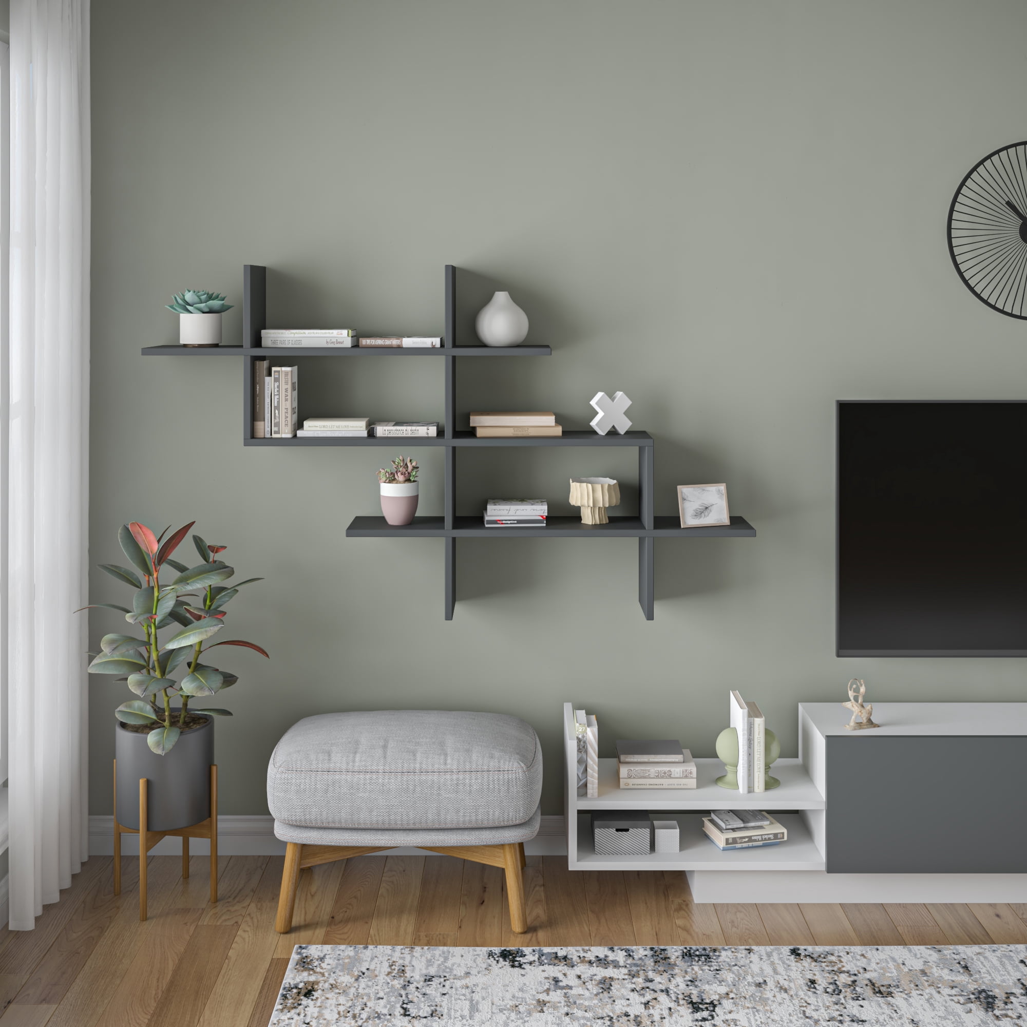 Ada Home Decor Furniture 59" 3 Tier Anthracite Warren Modern Wall Shelf