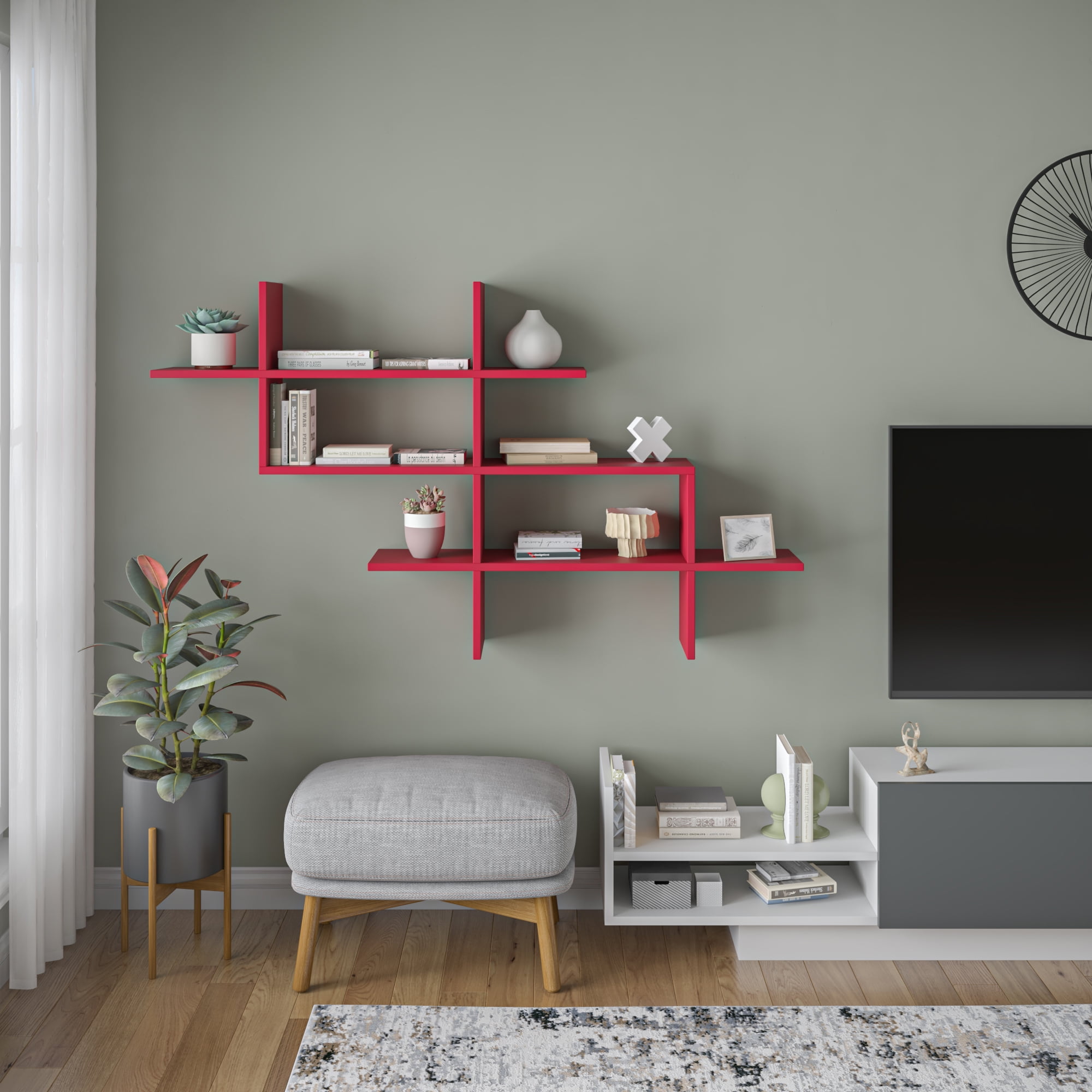 Ada Home Decor Furniture 59" 3 Tier Burgundy Warren Modern Wall Shelf