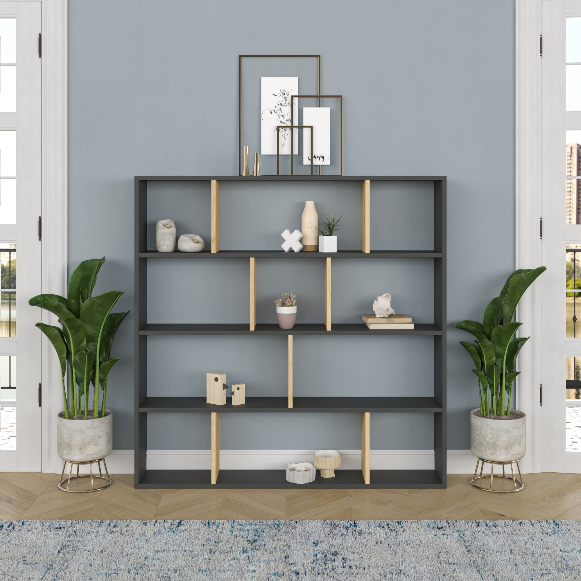 Ada Home Decor Hobdi 4 Tier Open Shelf Cube Modern Bookcase, Anthracite/Oak