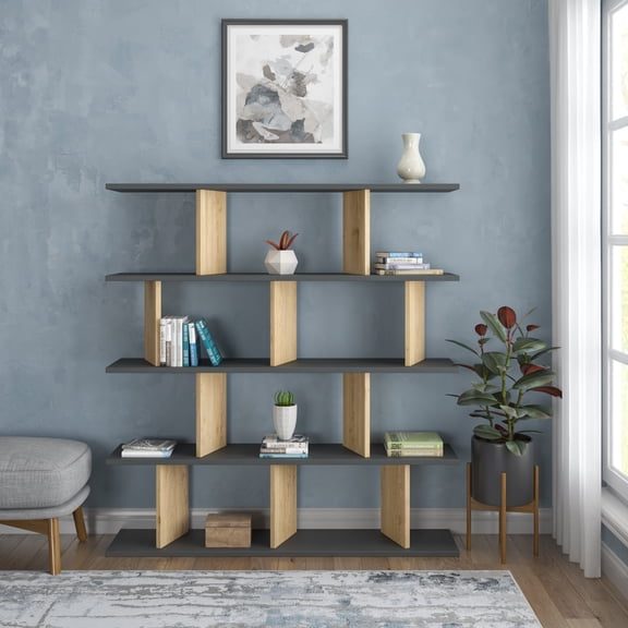 Ada Home Decor Jorin 4 Tier Open Shelf Cube Bookcase, Anthracite/Oak