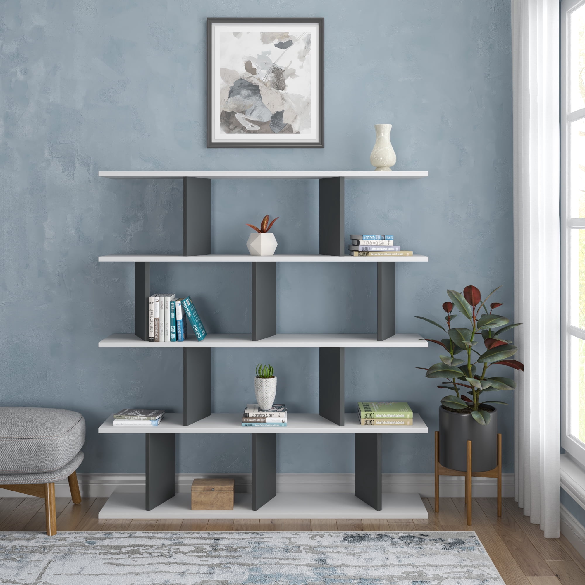 Ada Home Decor Jorin 4 Tier Open Shelf Cube Bookcase, Anthracite/White