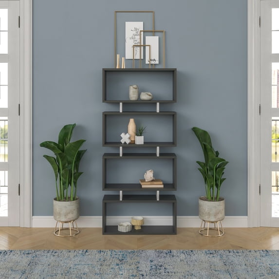 Ada Home Decor Langdon 4 Tier Open Shelf Cube Modern Bookcase, Anthracite/White
