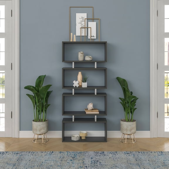 Ada Home Decor Langdon 4 Tier Open Shelf Cube Modern Bookcase, Anthracite/White