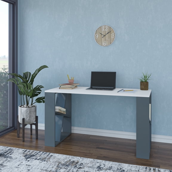 Ada Home Decor Minimalist Home Office Computer Desk Workstation with 2 Shelves 8-Cube Bookcase, White/Anthracite