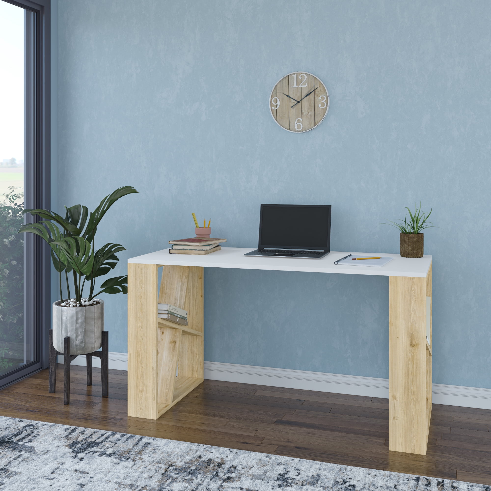 Ada Home Decor Minimalist Home Office Computer Desk Workstation with 2 Shelves 8-Cube Bookcase, White/Oak