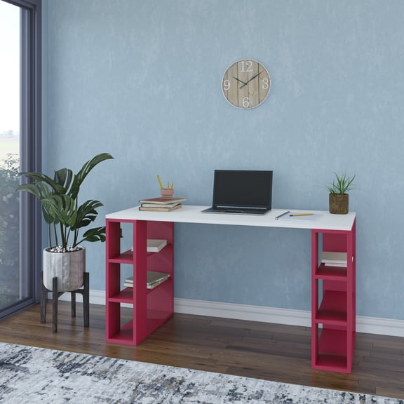 Ada Home Decor Minimalist Home Office Computer Desk Workstation with 3 Shelves Bookcase, White/Burgandy