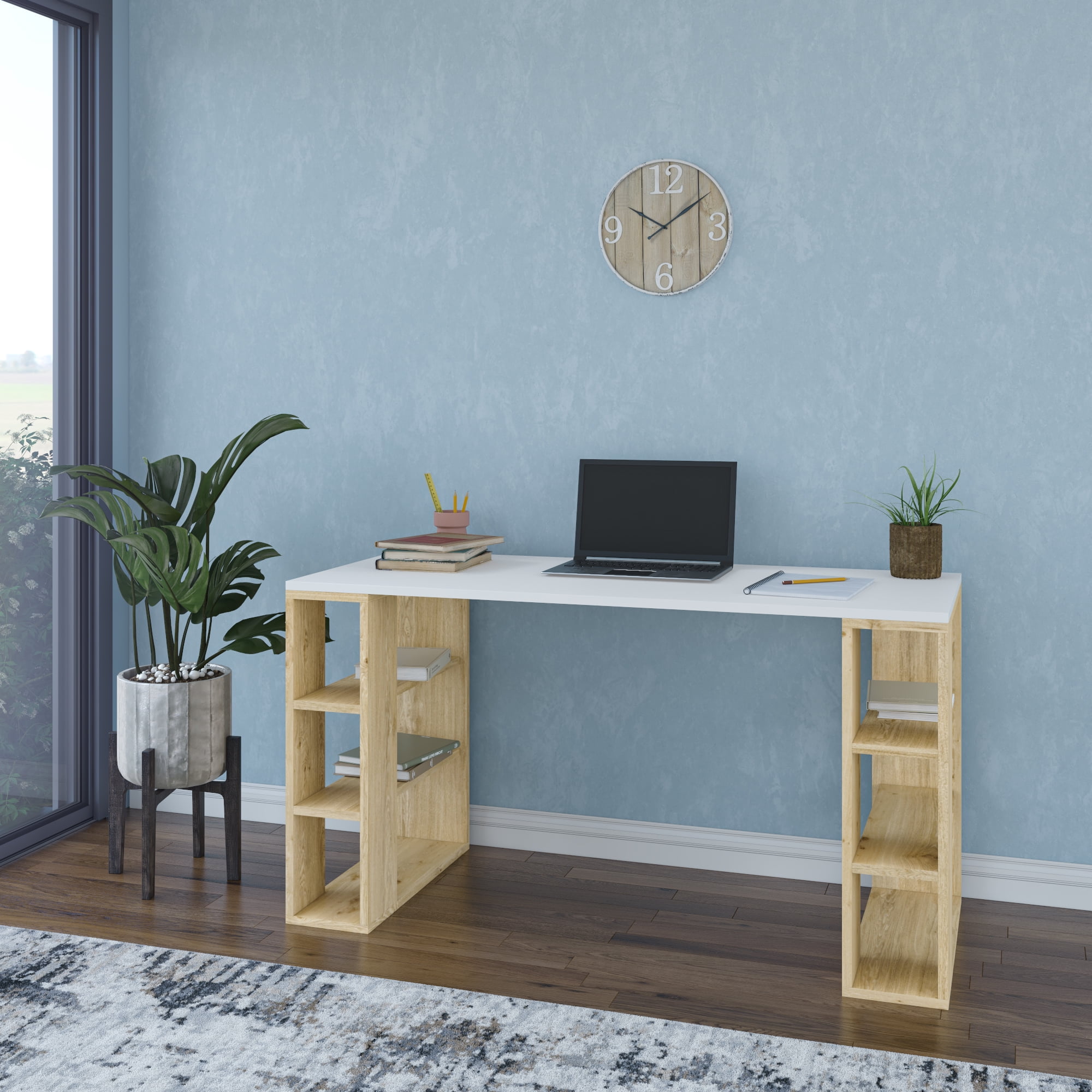 Ada Home Decor Minimalist Home Office Computer Desk Workstation with 3 Shelves Bookcase, White/Oak