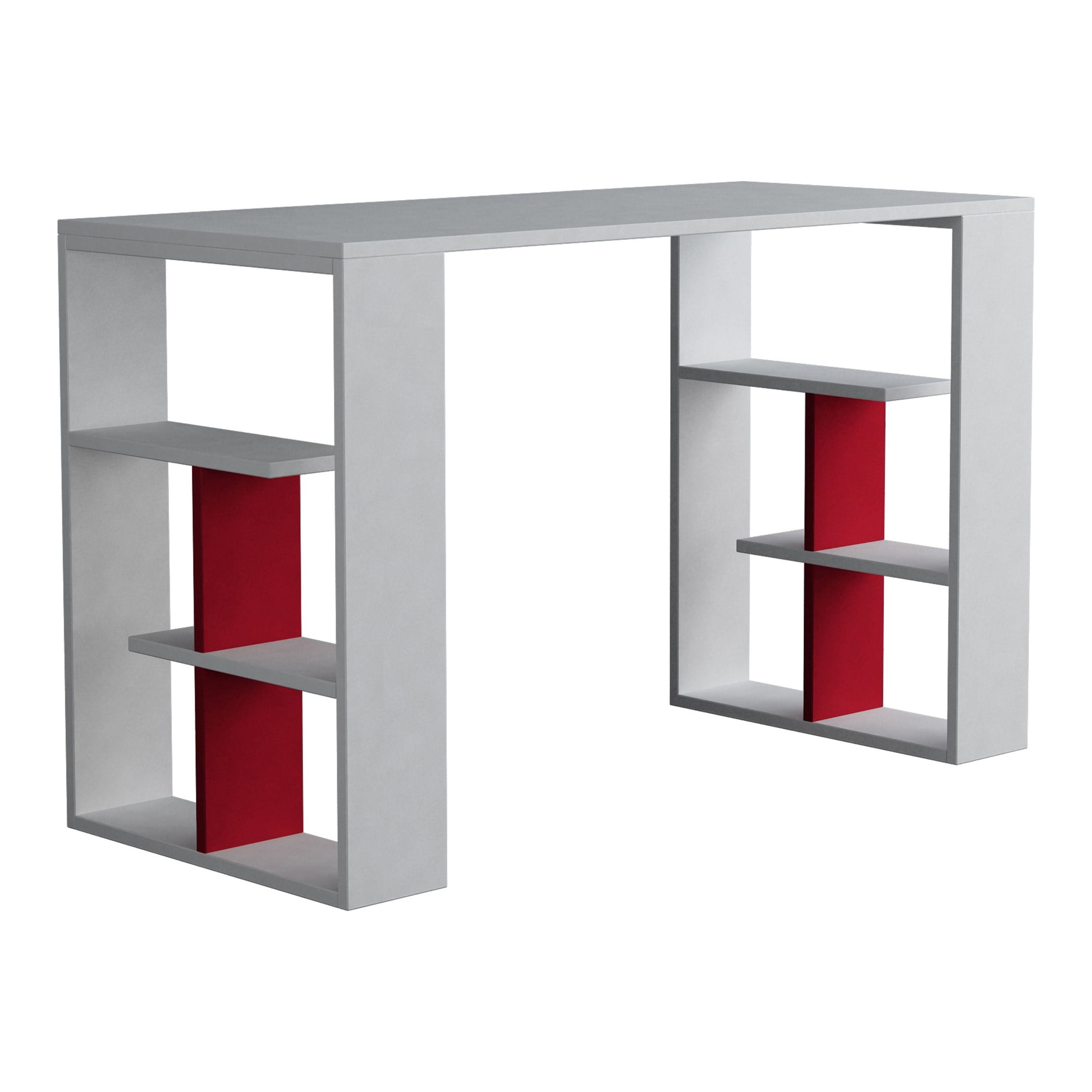 Ada Home Decor Minimalist Home Office Computer Desk Workstation with 3 Shelves Bookcase, White/Red