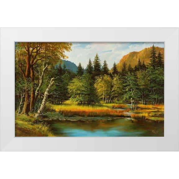 Ada-Kris 14x10 White Modern Wood Framed Museum Art Print Titled - LAKE IN THE WOOD