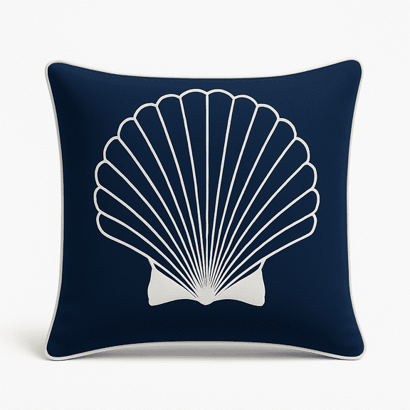 Adade 20x20" Marine Themed Pillow Case, Handmade Shell or Seahorse Embroidered Drawing Options, Linen Blend Fabric with Coastal Style Decorative Cushion Cover, Hidden Zipper | Navy blue-white