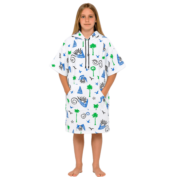 Adade Kids Surf Poncho - Hooded Towel Robe for Boys & Girls, Quick Dry, Turkish Cotton, Beach & Pool, Ages 3+ | 3+ Age - White