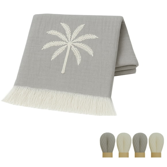 Adade Turkish Muslin Towel, Embroidered Palm Design, 4-Layer Cotton, Lightweight Quick-Dry Peshtemal with Fringe, Gray 39 x 71 in | Gray