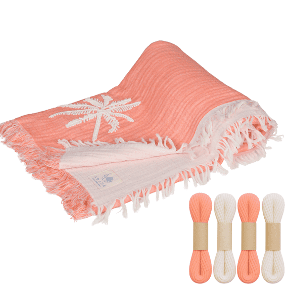 Adade Turkish Muslin Towel, Embroidered Palm Design, 4-Layer Cotton, Lightweight Quick-Dry Peshtemal with Fringe, Gray 39 x 71 in | Orange