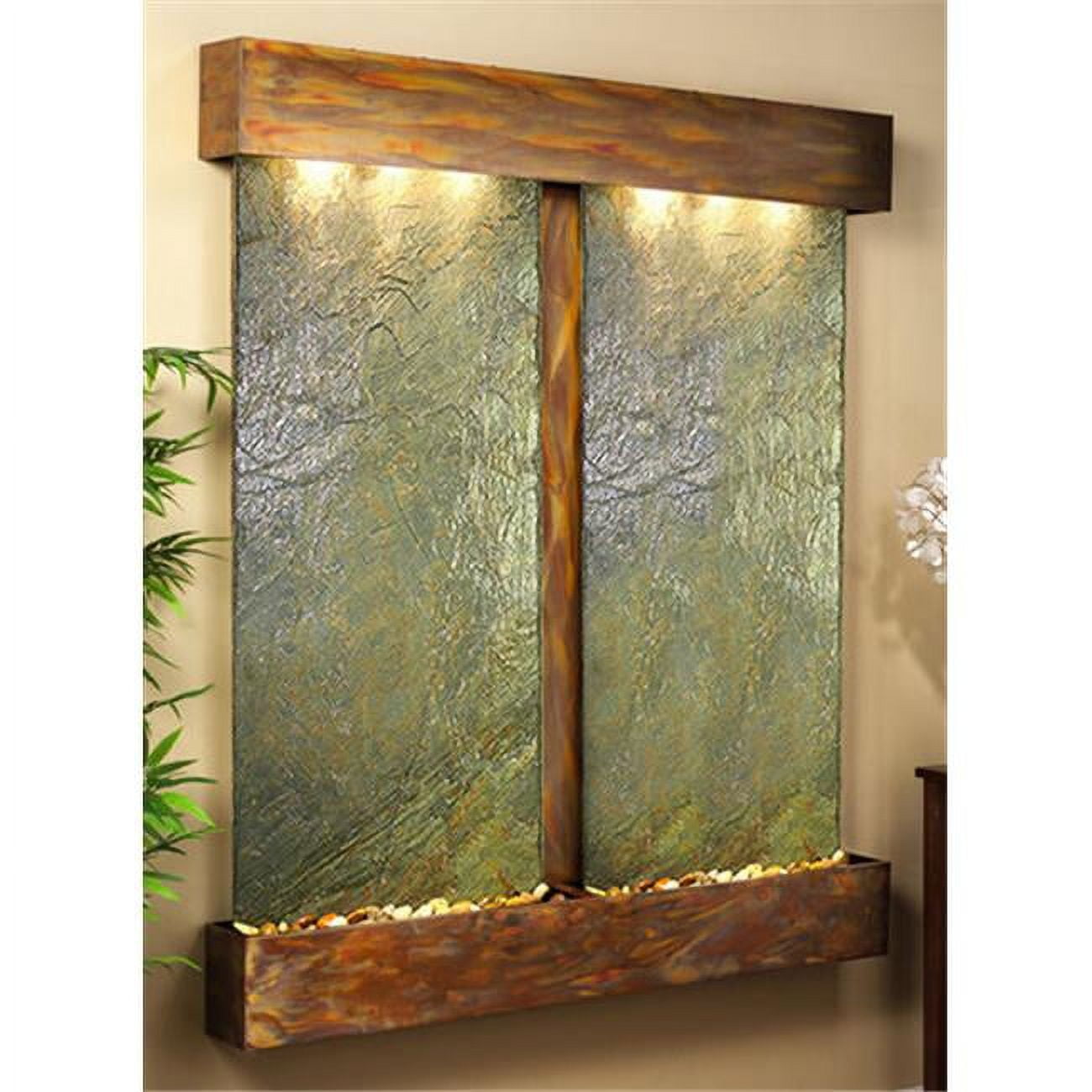 Rustic Copper and Green Feather Slate Wall Fountain