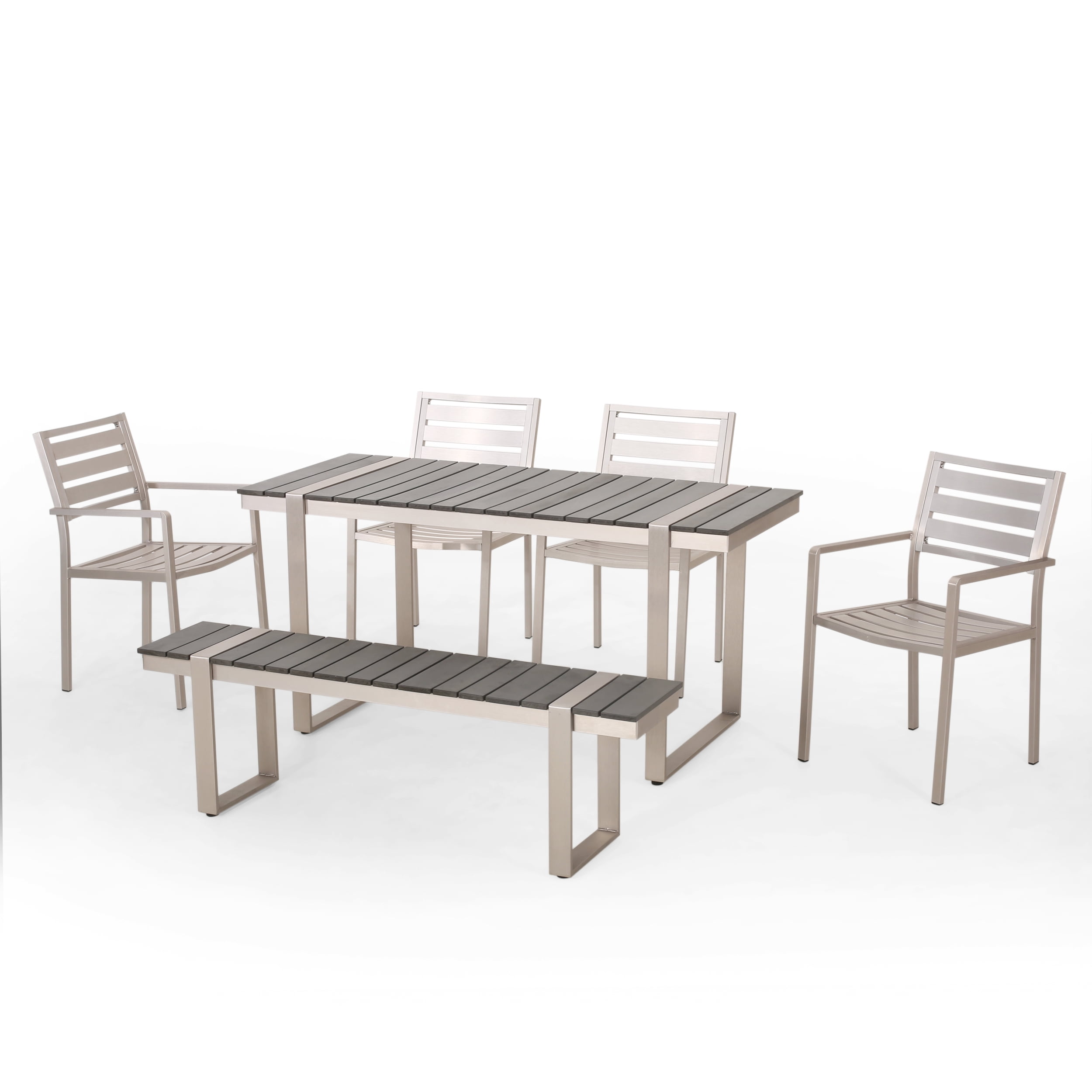 Gray and Silver Aluminum 6-Piece Outdoor Dining Set with Faux Wood Slats