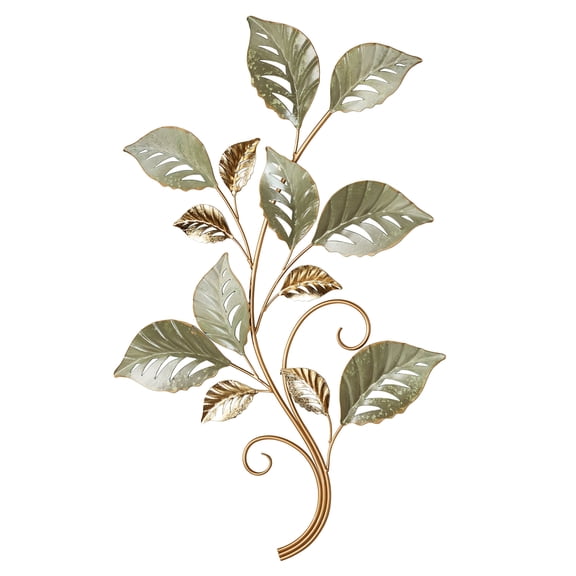 Adaira Leaves Curving Branch Metal Wall Art, Hand-Finished Botanical Green & Metallic Gold