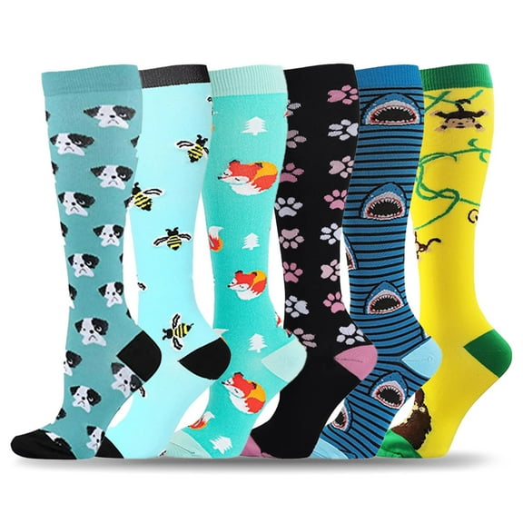 Adakot 6 Pairs Compression Socks for Women & Men Circulation 20-30mmHg Crazy, Cute, Socks Support for Nurse, Pregnant, Running, Cycling (L/XL)