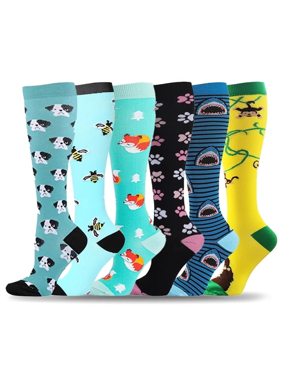 6 Pairs Compression Socks for Women & Men Circulation 20-30mmHg Crazy, Cute, Socks Support for Nurse, Pregnant, Running, Cycling (L/XL)