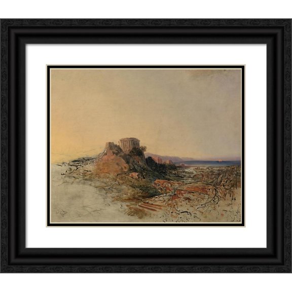 Adalbert Stifter 24x20 Black Ornate Framed Double Matted Museum Art Print Titled: Greek Temple Ruins (Approx. 1860)