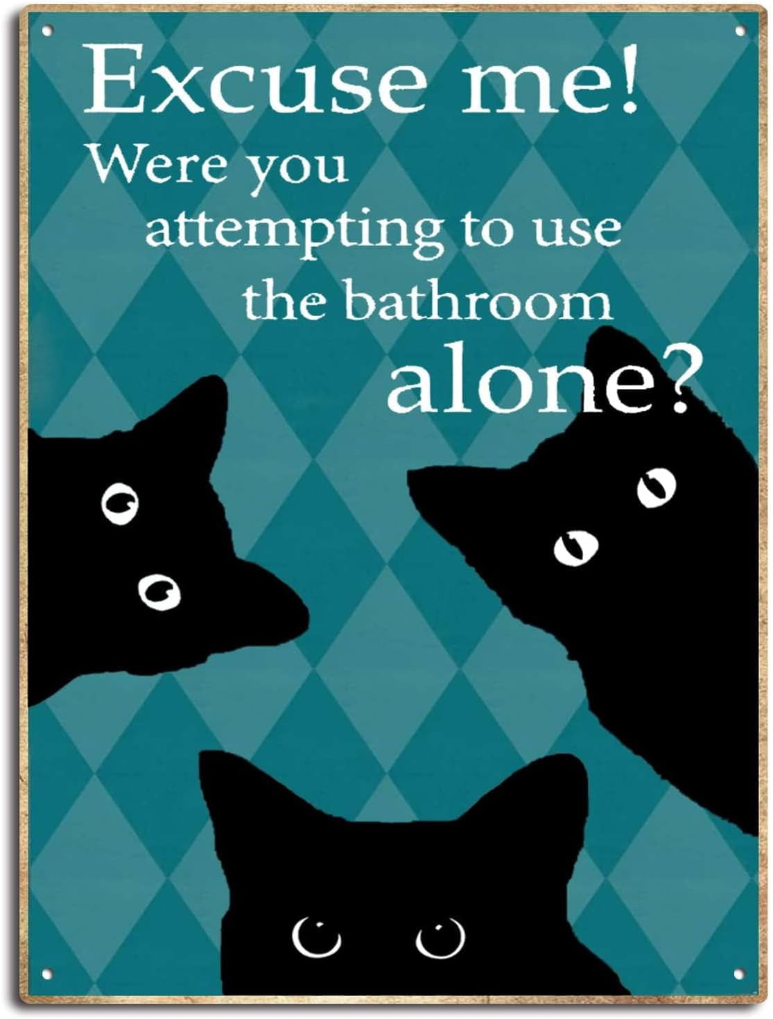 Adale Funny Bathroom Tin Signs Cat Bathroom Decor Black Cat Excuse Me ...
