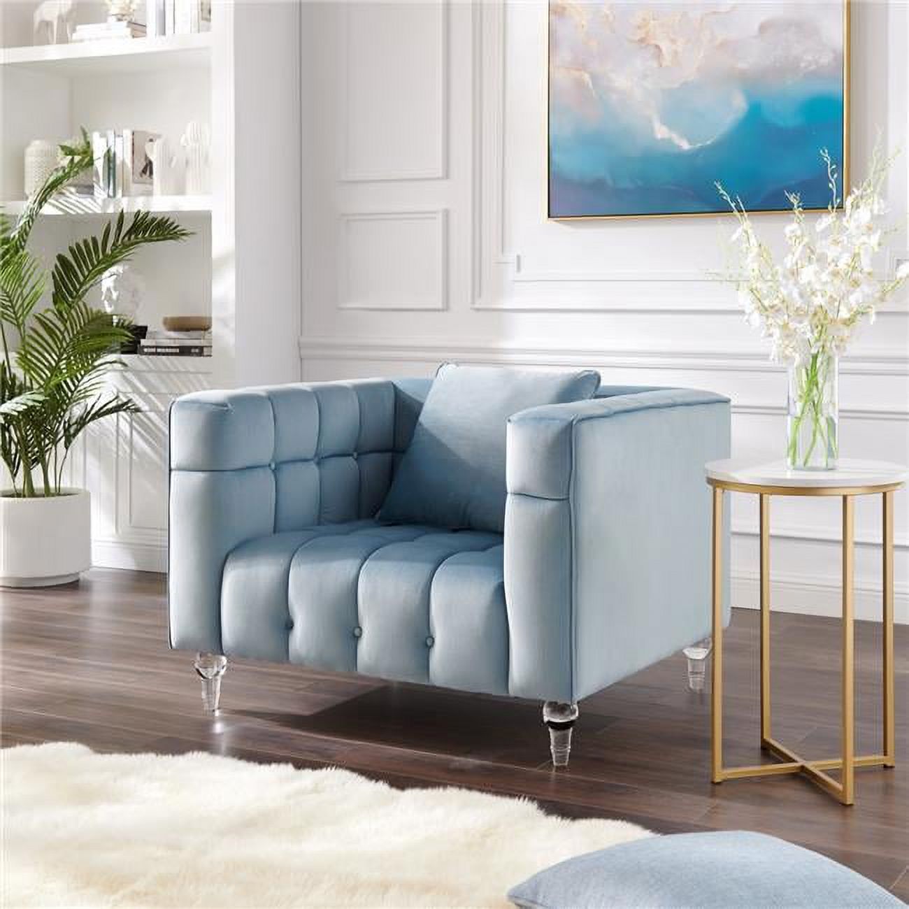 Adalyn Club Chair Teal Blue Velvet Biscuit Tufted Lucite Leg