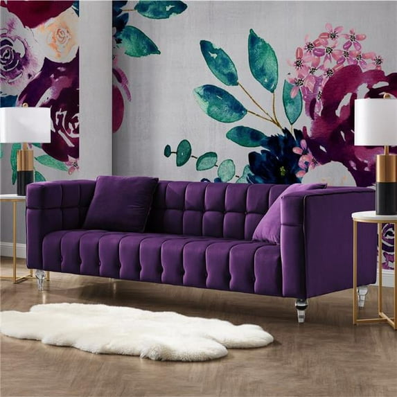 Adalyn Sofa Purple Velvet Biscuit Tufted Lucite Leg Sinuous Springs