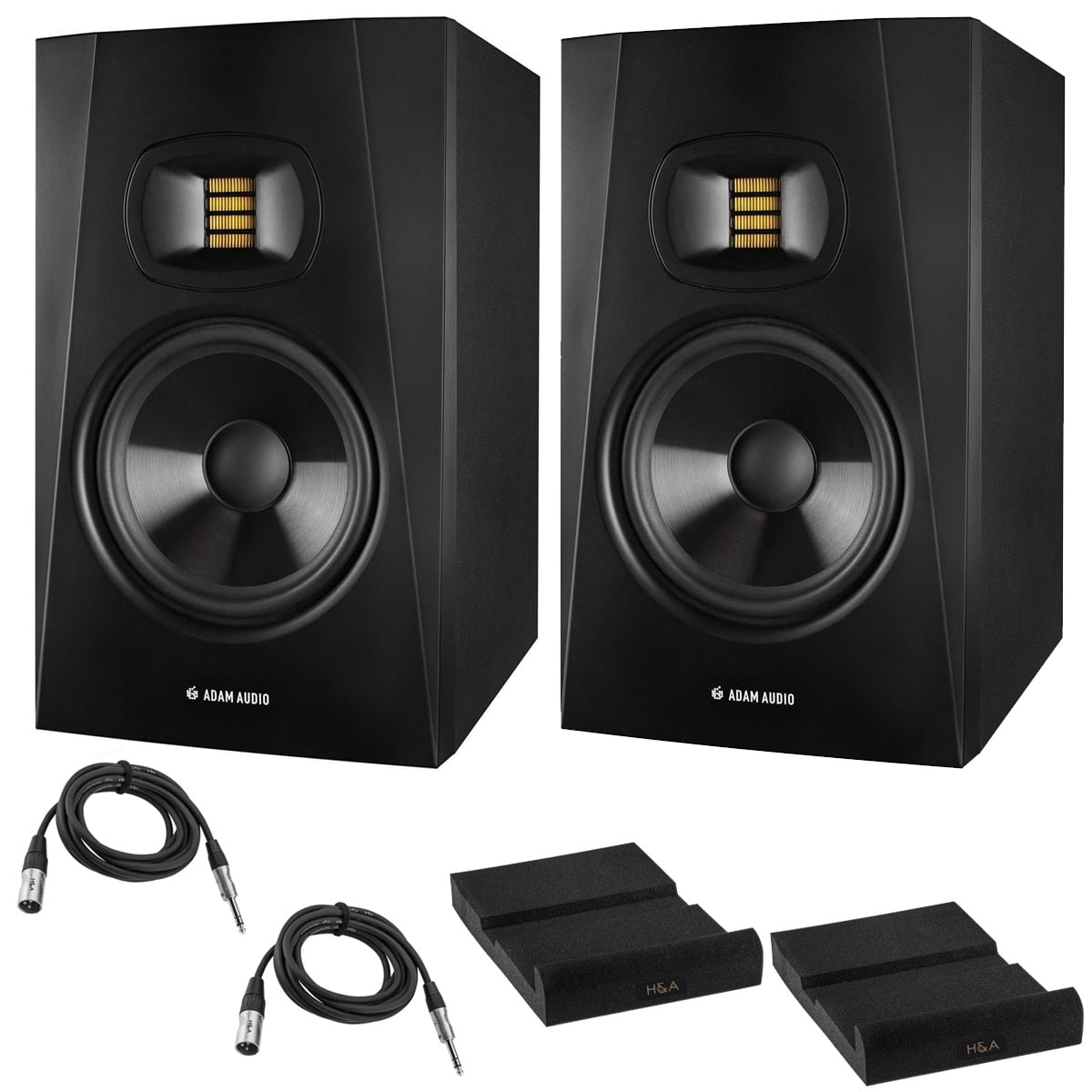Adam Audio Professional T-Series T7V 7" 70W 2-Way Active Nearfield Monitor, Pair, Bundle with 2x 10' Balanced 1/4" TRS Male to 3-Pin XLR Male Audio Cable and 2x Isolation Pad