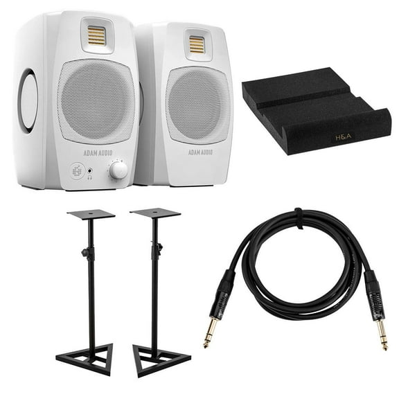 Adam Audio D3V 3.5" 80W Desktop Monitor, Pair, White, Bundle with 2x Studio Monitor Stand, 6' Platinum Pro Interconnect Cable and Isolation Pad