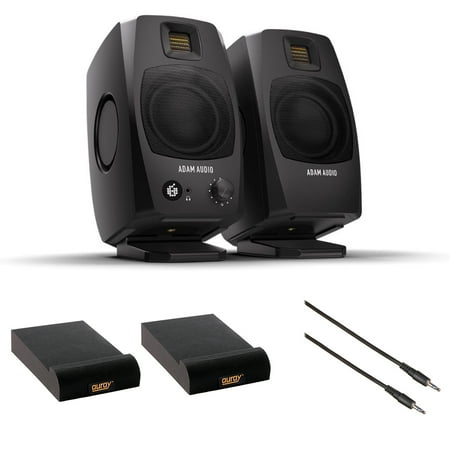 Adam Audio D3V(Black) Active Desktop Monitoring System Bundle with 2x Auray IP-S Isolation Pad for Studio Monitor and Comprehensive Stereo Mini Male to Stereo Mini Male Cable -6'