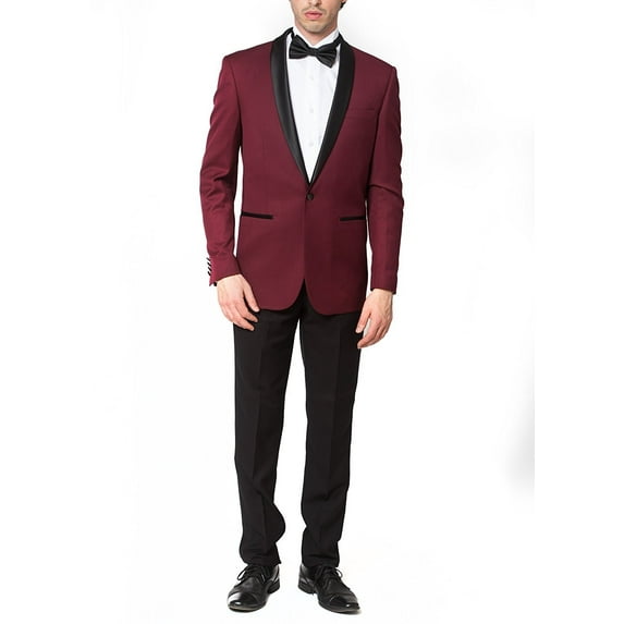 Adam Baker Men's Slim Fit One Button Satin Shawl Collar Tuxedo Suit Set - Colors