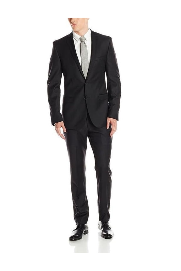 Men's 20250 Slim Fit Single-Breasted 2-Piece Luxury Wool Suit, Black, 44L