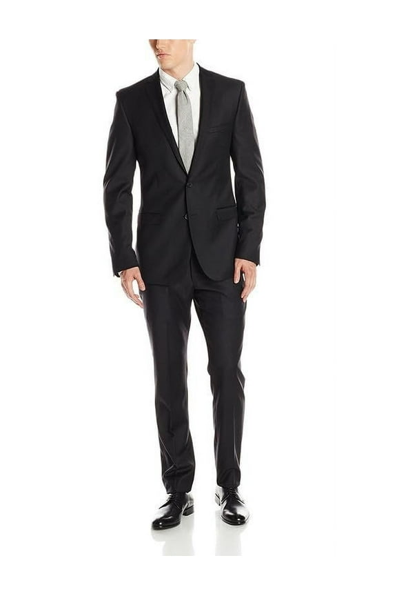 Men's 20250 Slim Fit Single-Breasted 2-Piece Luxury Wool Suit, Black, 48L