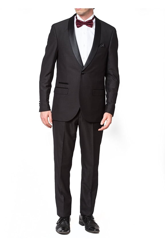 Men's 9-3401 Slim Fit One Button Satin Shawl Collar Tuxedo Suit - Black - 42 Regular