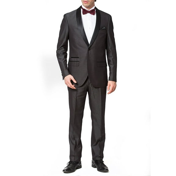 Adam Baker Men's 9-3402 Slim Fit One Button Satin Shawl Collar Tuxedo Suit - Charcoal - 42 Regular