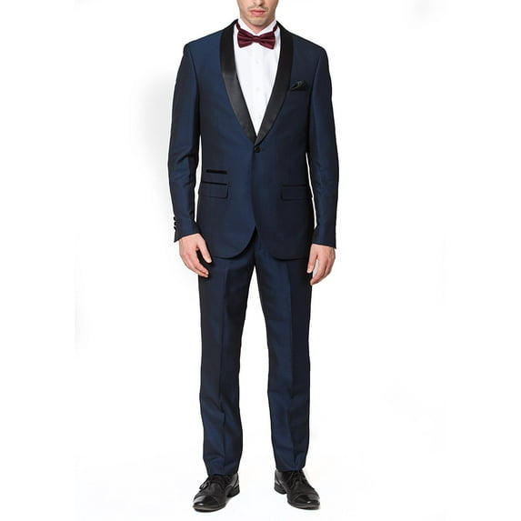 Adam Baker Men's 9-3403 Slim Fit One Button Satin Shawl Collar Tuxedo Suit - Navy - 44 Regular
