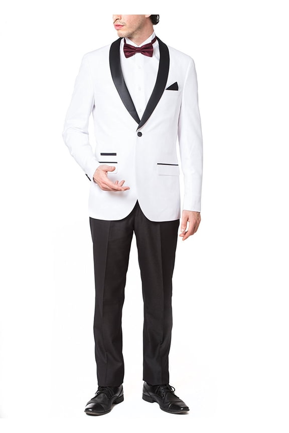 Men's 9-3412 Slim Fit One Button Satin Shawl Collar Tuxedo Suit - White - 46 Regular