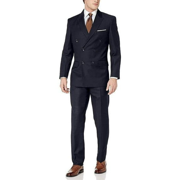 Adam Baker Men's A/B-20258 Slim Fit Double Breasted Wool Suit, Navy, 52L