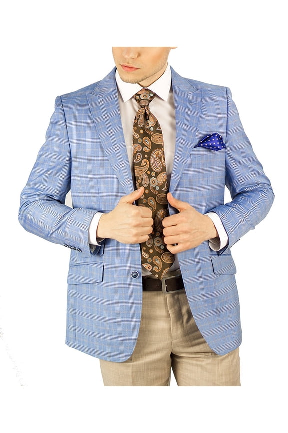 Men's NS2P-15331 Modern Fit Two Button Peak Lapel Formal Plaid Dinner Jacket - Light Blue - 3XL