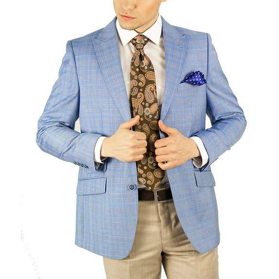 Adam Baker Men's NS2P-15331 Modern Fit Two Button Peak Lapel Formal Plaid Dinner Jacket - Light Blue - XL