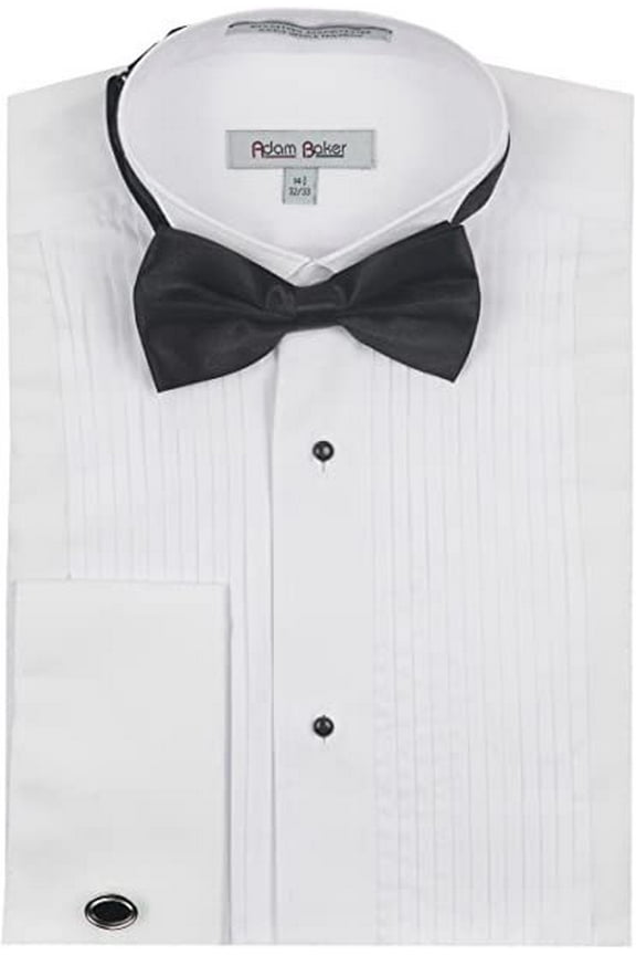Mens Slim Fit Wingtip Collar French Cuff Formal Tuxedo Shirt Bowtie & Cufflinks Included 20" Neck 34/35" Sleeve, White