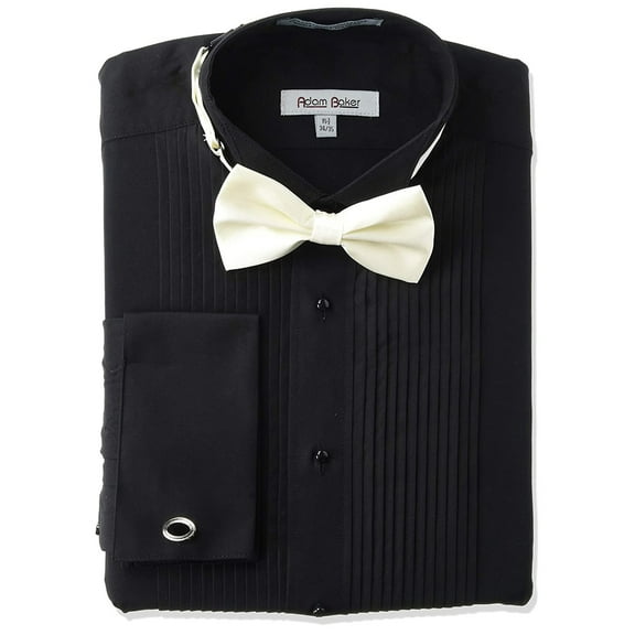 Adam Baker Mens Regular Fit Wingtip Collar French Cuff Formal Tuxedo Shirt Bowtie & Cufflinks Included 19" Neck 32/33" Sleeve, Black
