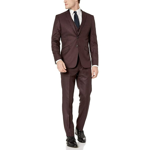 Adam Baker Mens V0177 Slim Fit 3-Piece Suit Set - Burgundy - 38S