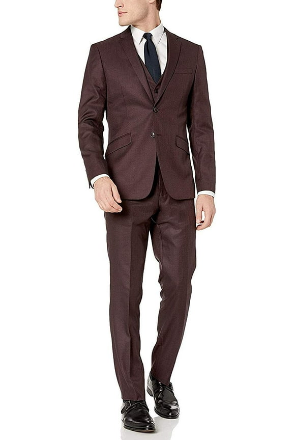 Mens V0177 Slim Fit 3-Piece Suit Set - Burgundy - 42S