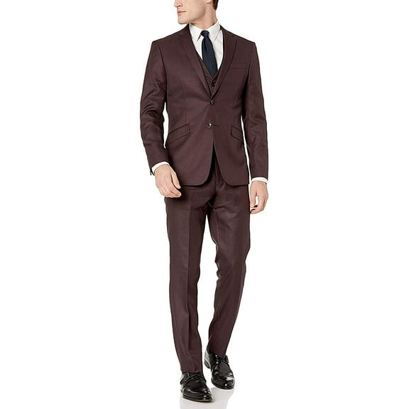 Adam Baker Mens V0177 Slim Fit 3-Piece Suit Set - Burgundy - 44L
