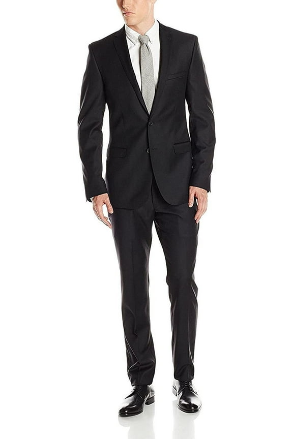 Montefino Men's S403912H-403995 Slim Fit 100% Merino Wool Suit - Black - 46L