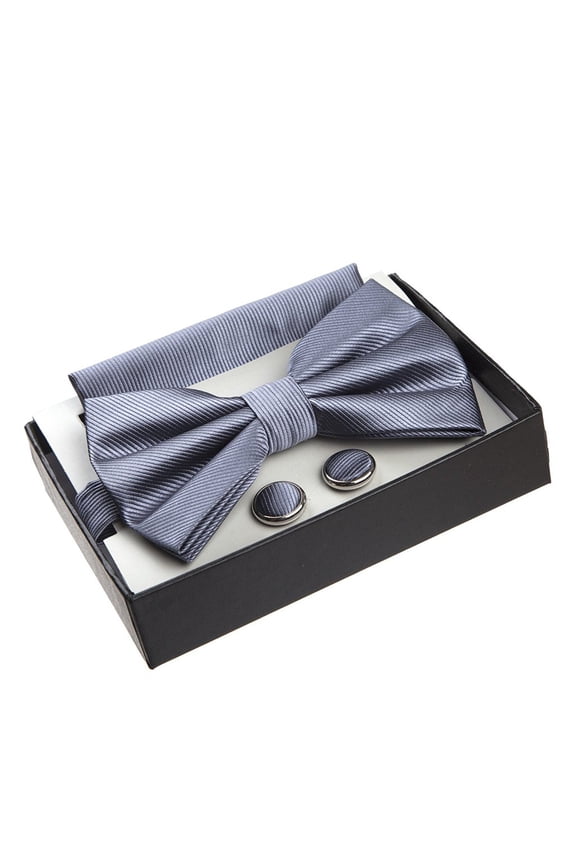 Twill Pattern Pre-Tied Bow Tie with Pocket Square and Cufflinks Gift Set - Silver
